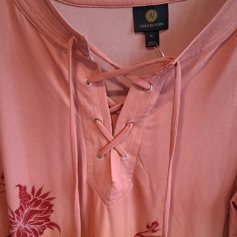 J.m. Collection  Coral to Yellow Floral Lace-Up Tunic - Picture 2 of 5